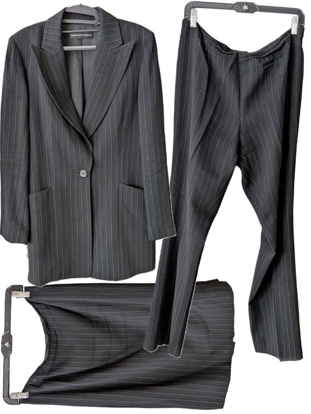 Dana Buchman Vintage 90s Wool Pinstripe 3 Pc Suit Set Blazer Skirt Pants 10